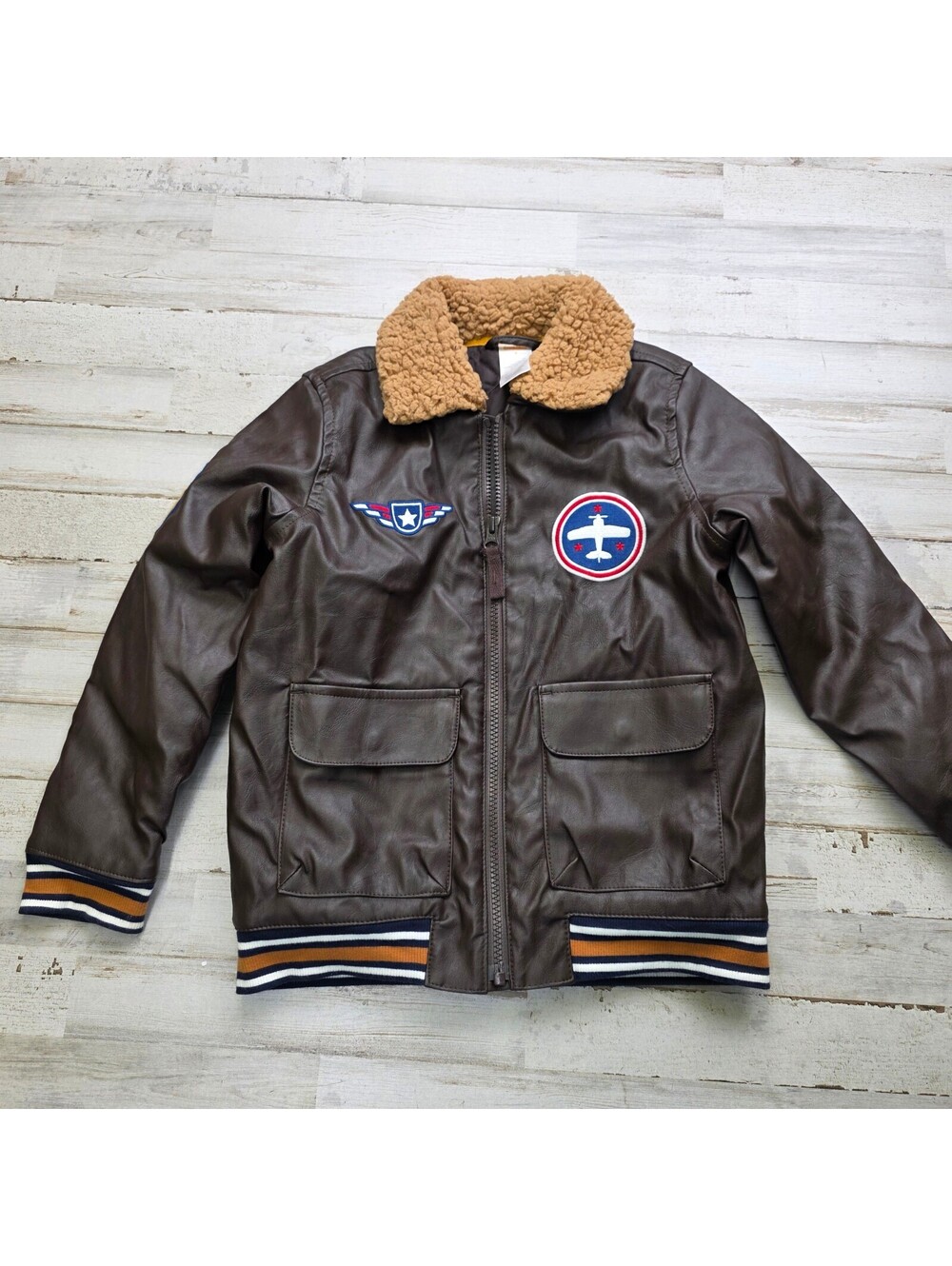 Gymboree Boys Faux Leather Bomber Jacket Size 6 Sherpa Collar Patches Aviator